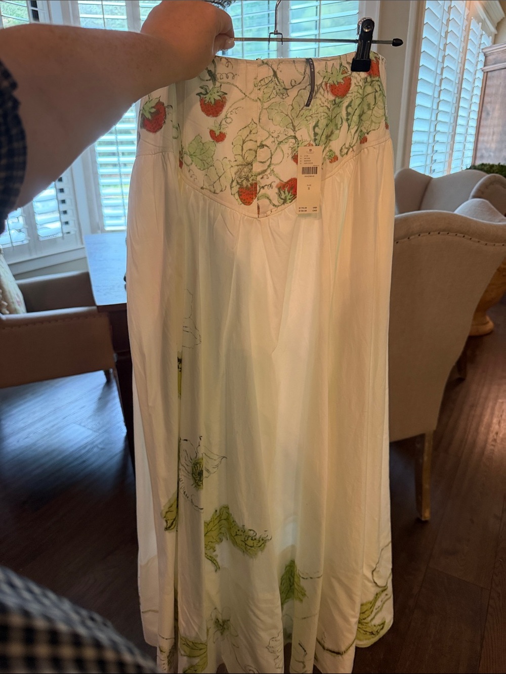 New with tags - Anthro White Maxi Skirt with Strawberry & Green Botanical Prit